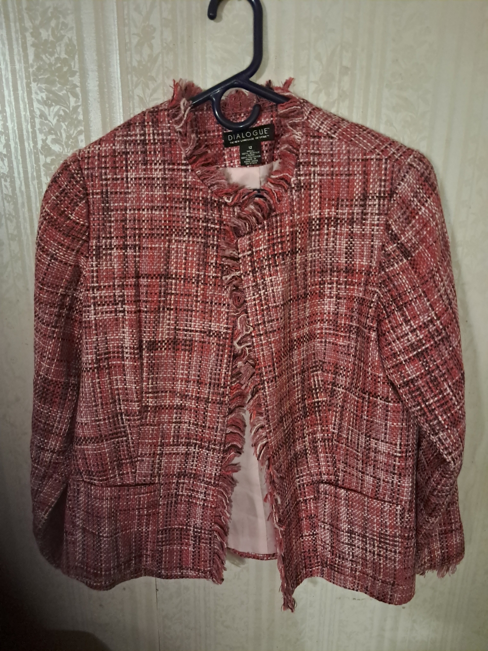 Dialogue Red-Pink Plaid Tweed Blazer with Fringe Trim